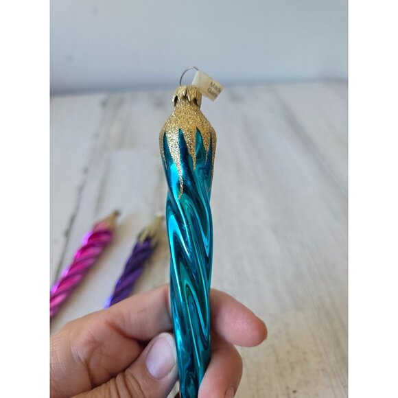 Vintage Germany Mercury icicle glitter gold ornament glass blue purple pink set - Picture 11 of 12
